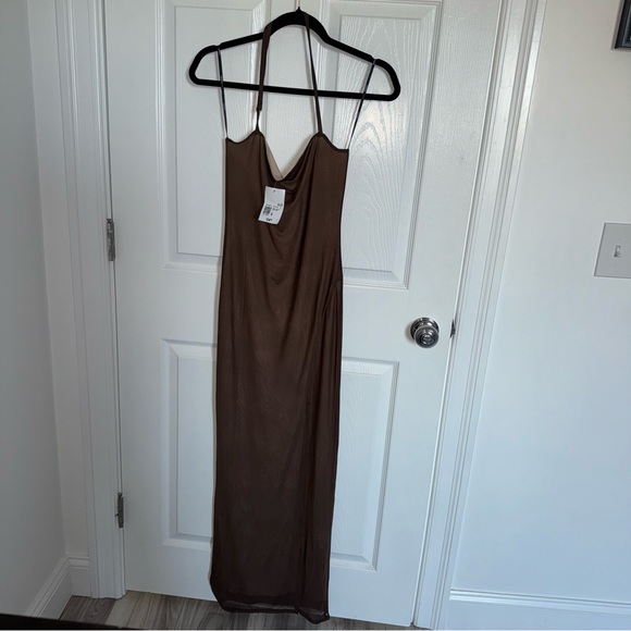Brown Mesh Halter Seamed Maxi Dress - Picture 4 of 7
